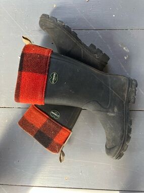Filson x le chameau rain Boots with Red Plaid Cuff